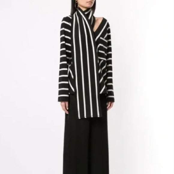Goen.J Black & White Scarf Striped Jersey Top Oversized V Neck Chevron Sz Small - Picture 1 of 11